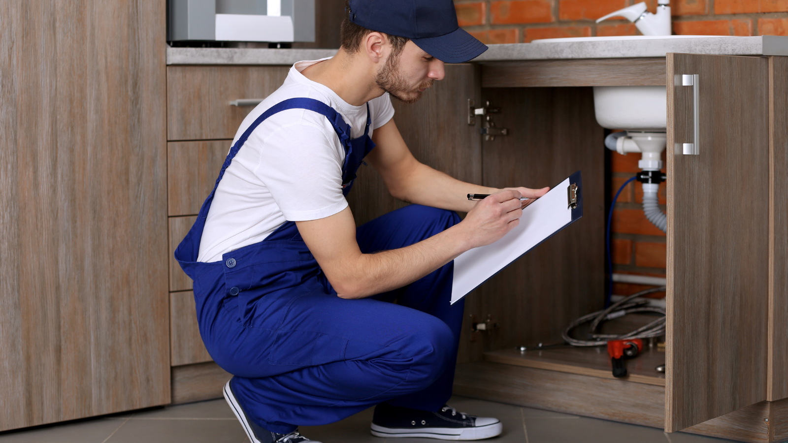 PLUMBER WITH CLIPBOARD DIAGNOSING ISSUE