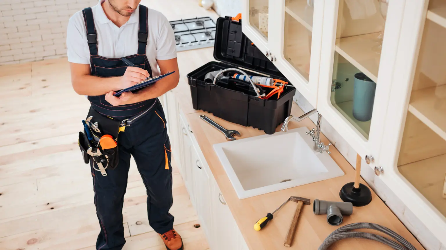 Worker with tools on worktop